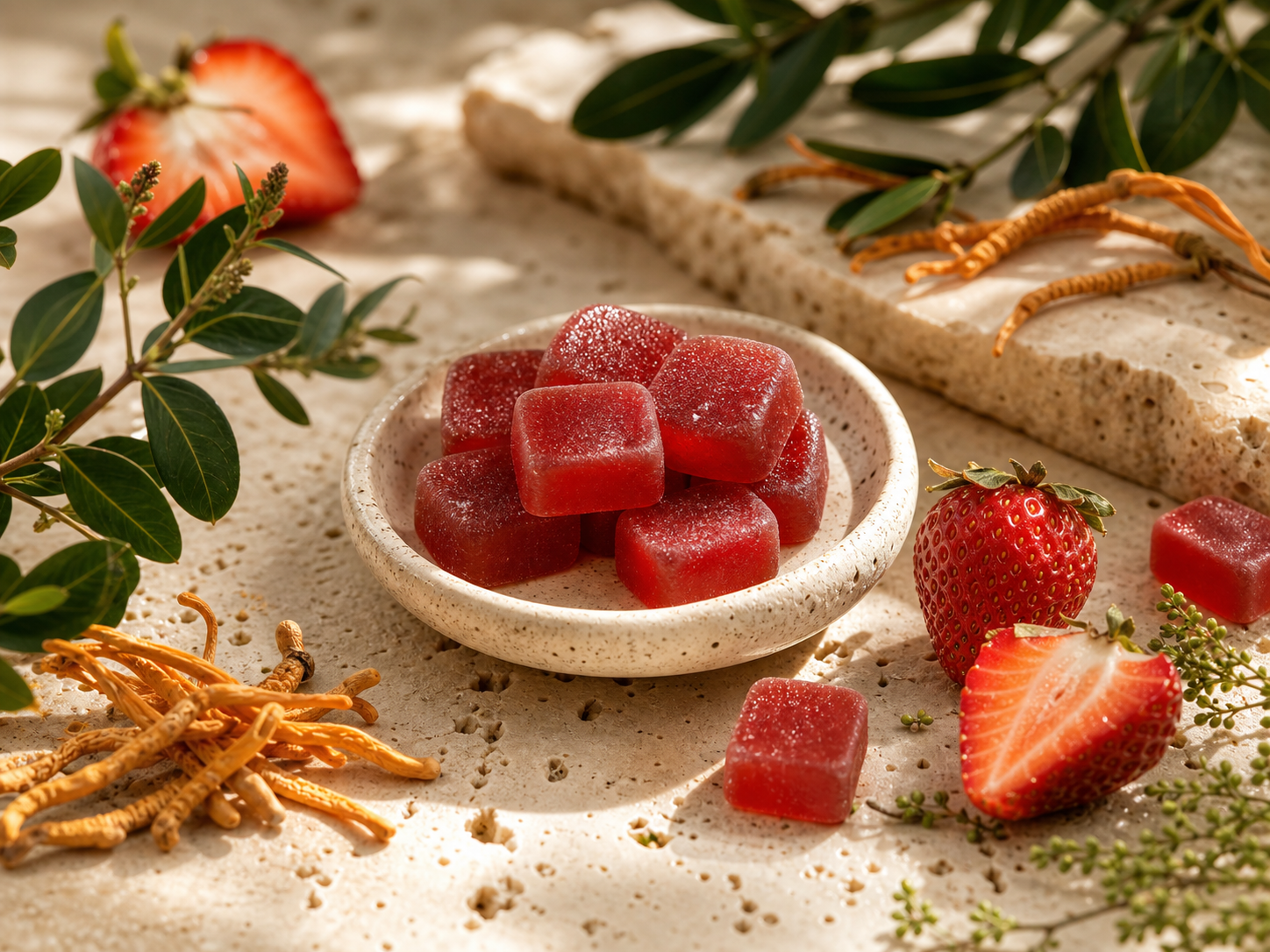 Strawberry gummies with cordyceps and botanical ingredients